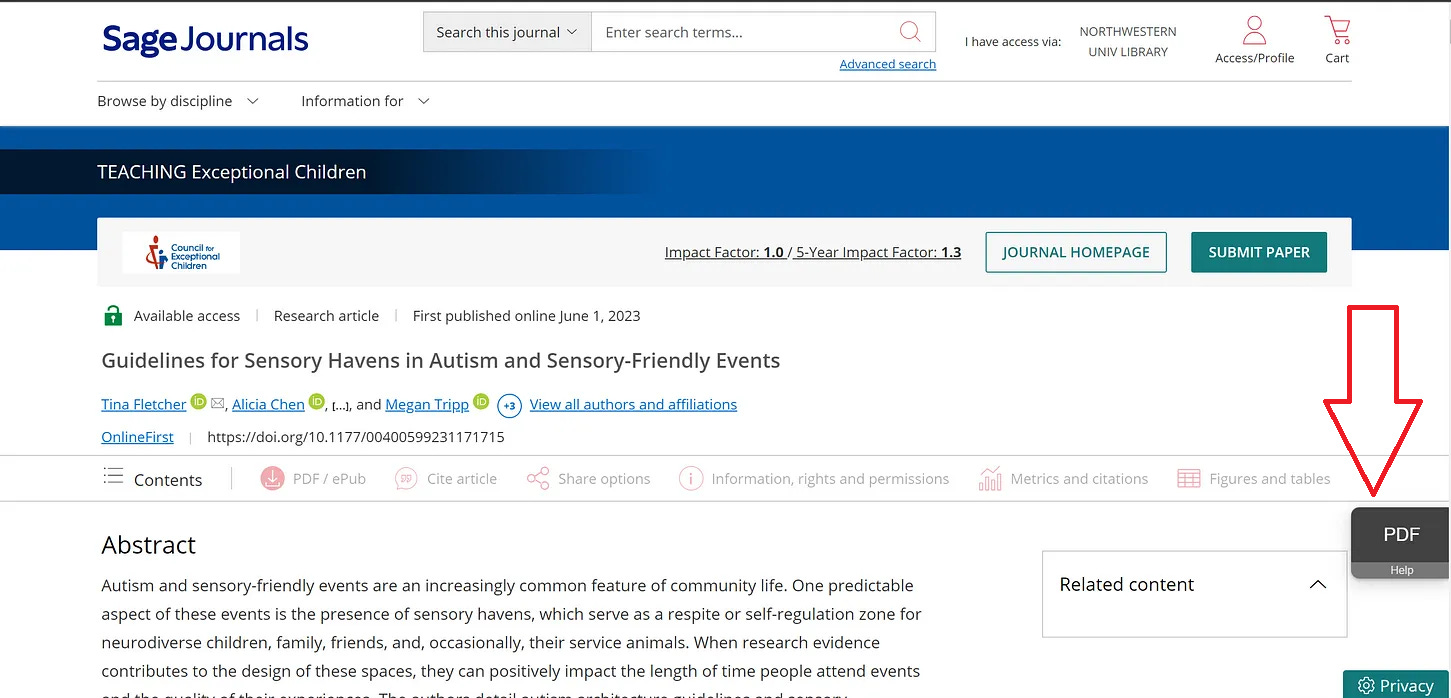 Screenshot of a webpage showing theh article "Guidelines for Sensory Havens in Autism and Sensory-Friendly Events." I have added a big red arrow pointing to where a free PDF can be downloaded.