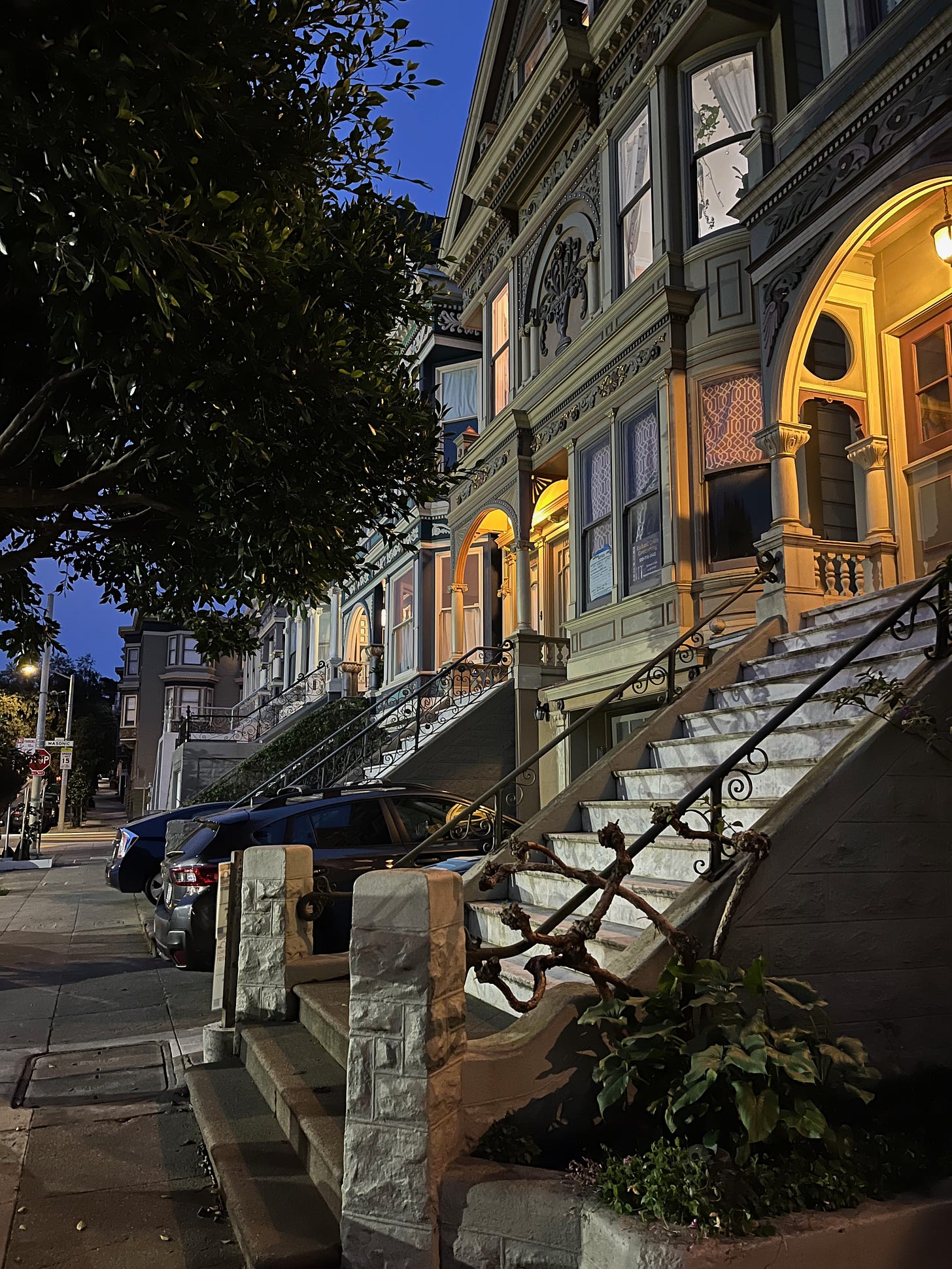 Victorian house facades from San Francisco at dusk