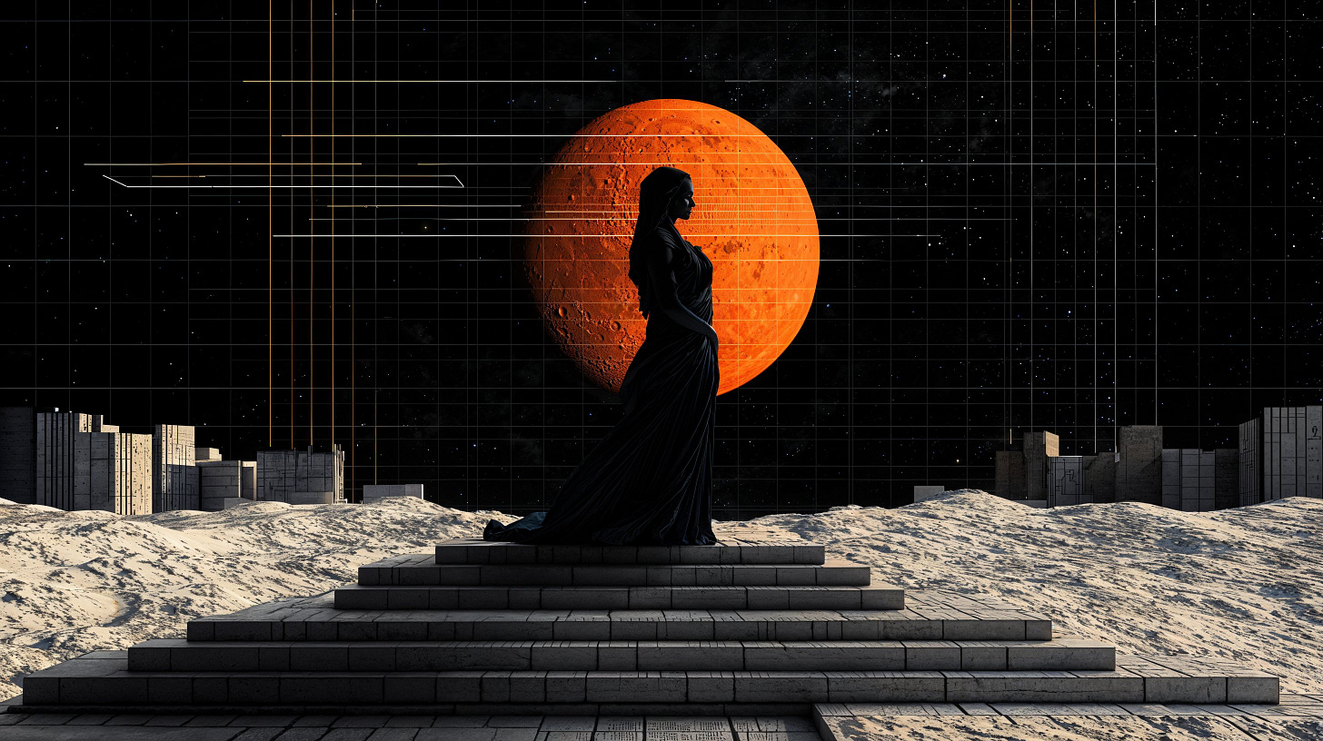 Surreal image of a silhouetted woman standing on a tiered pedestal on a planet in space with a large orange moon in the background