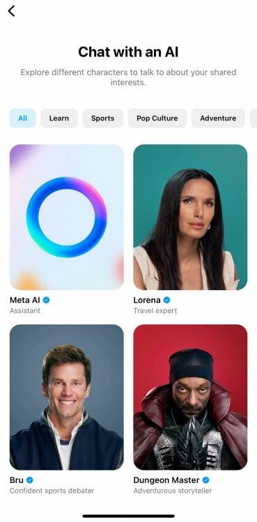 A screenshot of celebrities playing AI characters on Instagram.