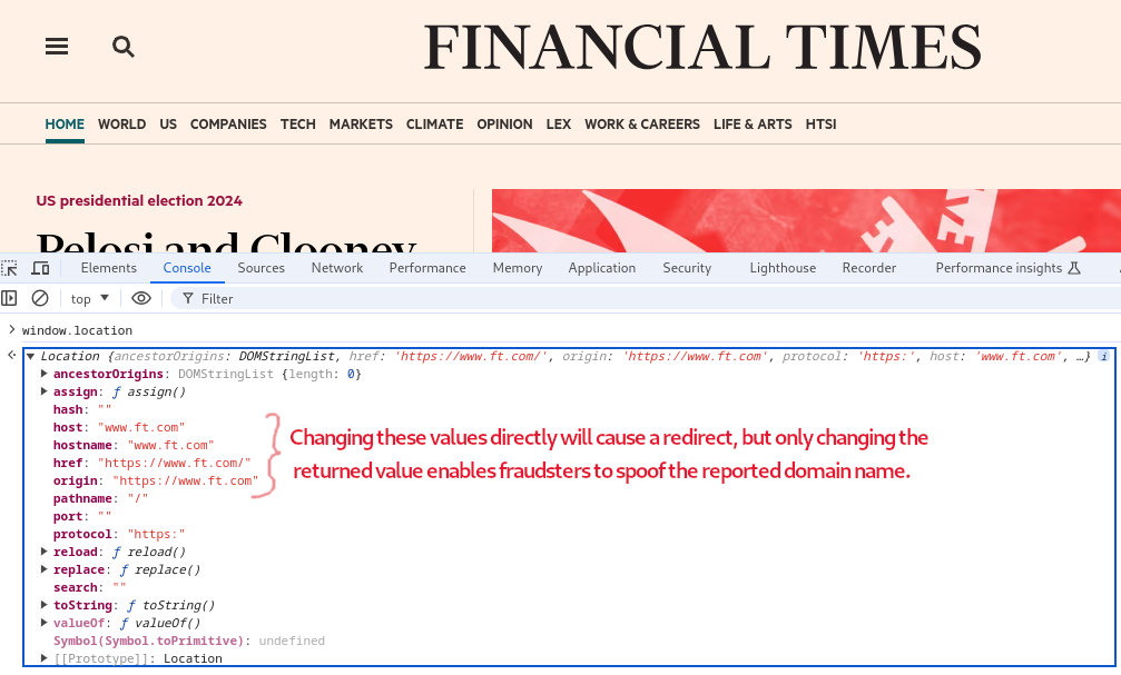 Financial Times website with Chrome Developer Tools opened. The window.location object in the browser contains the URLs which currently are shown in the tab