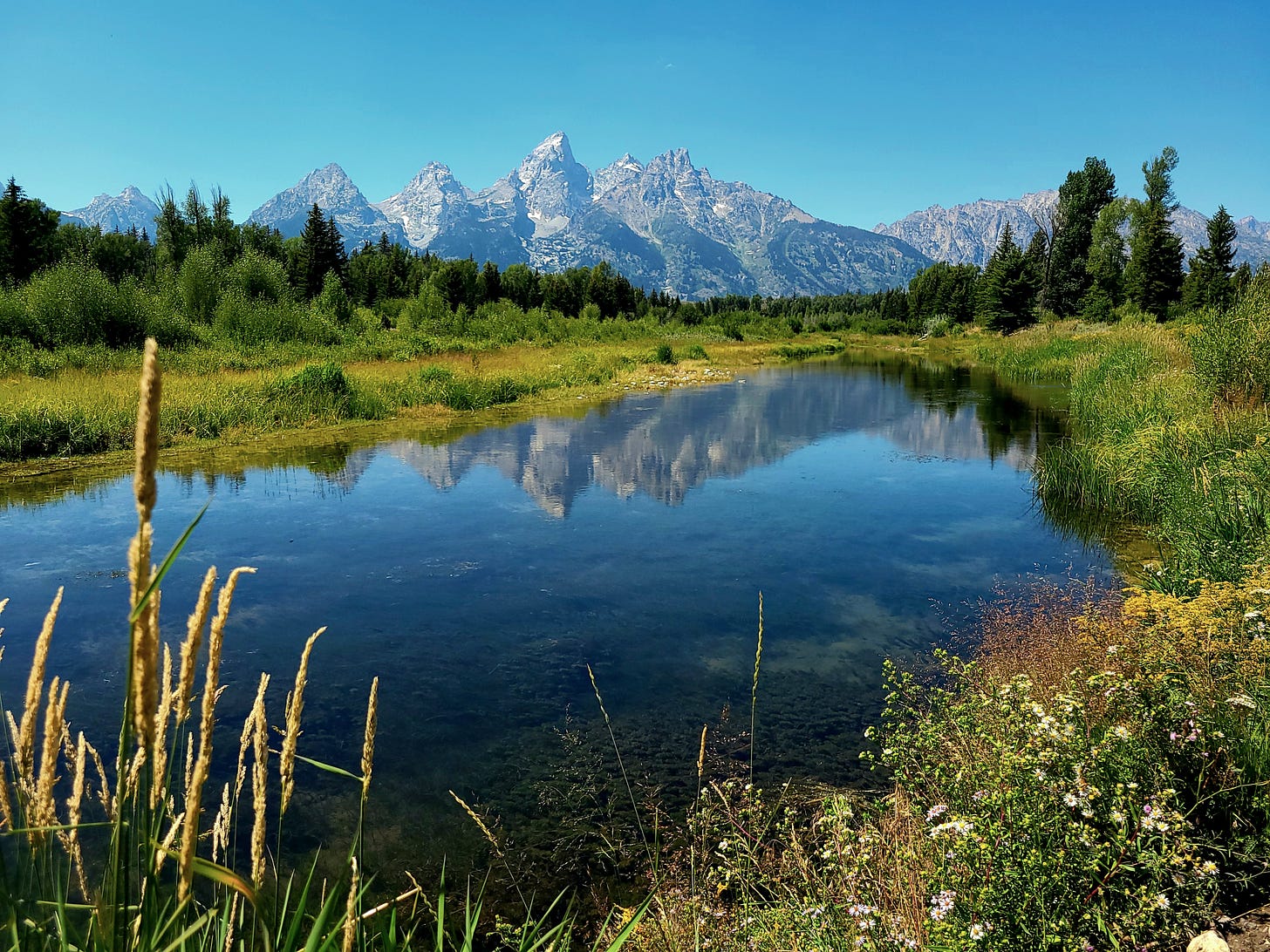 Color image of the Tetons at Grand Teton National Park, Wyoming, reflected in the Snake River in the summertime.