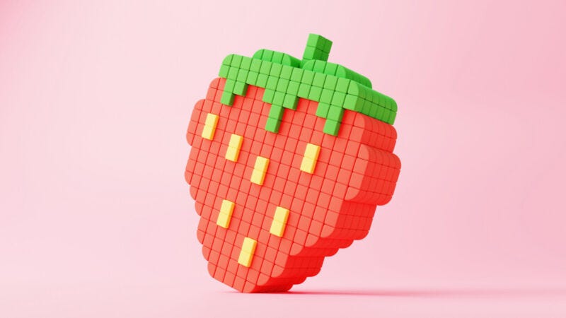 An illustration of a strawberry made out of pixel-like blocks.