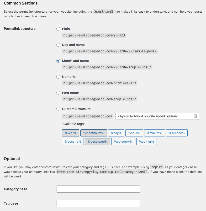 WordPress permalinks setting screenshot