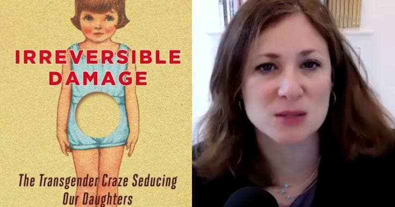 A side by side image of the book cover of Irreversible Damage and a screen shot from an interview that the book's author, Abigail Shrier, did online.