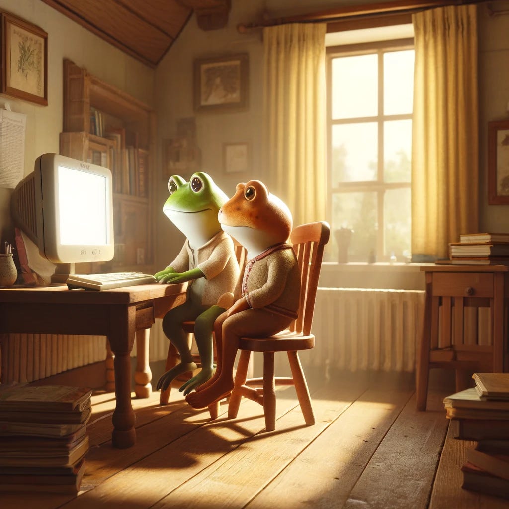 A cozy interior scene featuring Frog and Toad, two anthropomorphic characters, sitting at a small wooden desk. They are staring intently at a bright computer screen. The room is warmly lit, with books scattered around, and a window showing a sunny day outside. Frog and Toad resemble a common frog and toad respectively, wearing simple clothing. The setting is quaint and captures a sense of warmth and simplicity, reminiscent of children's storybook illustrations.