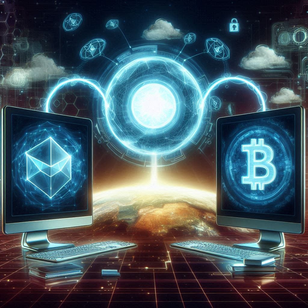 A futuristic illustration of two computers connected by a glowing digital wire, with one labeled Blockchain Node and the other dApp Client. The background features holographic blockchain symbols and a digital landscape.