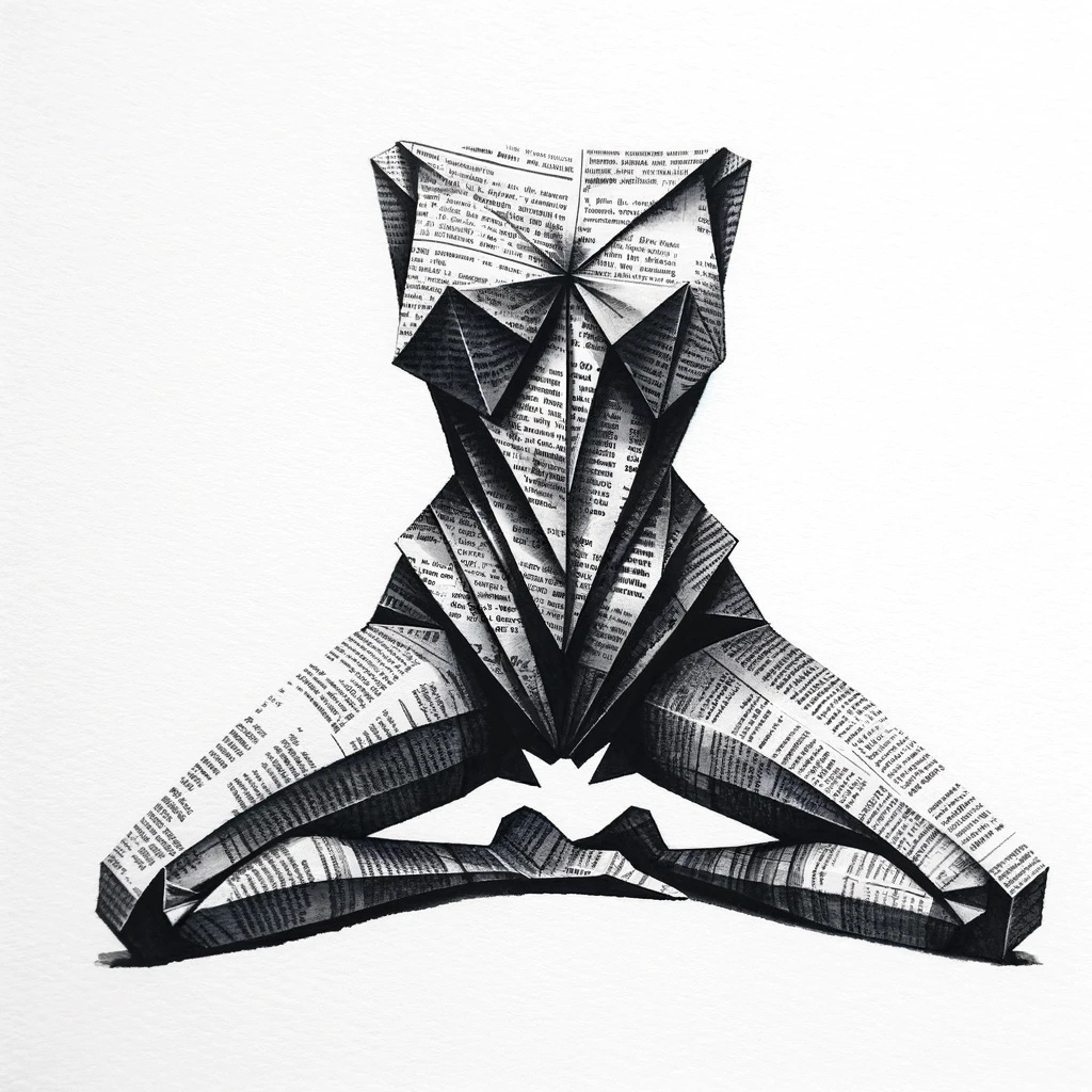 An ink drawing featuring an origami figure made from newspaper, shaped like an abstract woman's body with legs positioned apart. The artwork is intricate, showcasing the detailed folds and creases of the paper, emphasizing the form and posture. The origami figure is placed on a plain white background to highlight its detailed structure and the newspaper print texture. The style is reminiscent of traditional Japanese ink drawings, with strong black lines and minimal shading.
