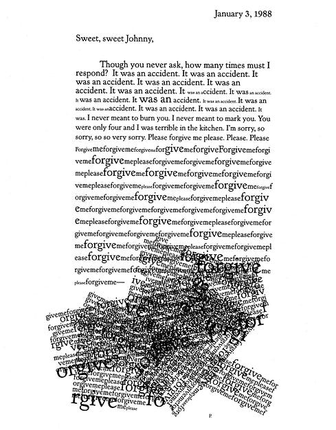 Typed letter dated January 3, 1988, apologizing for an accident, with repeated “forgive me” text forming a chaotic, swirling pattern.