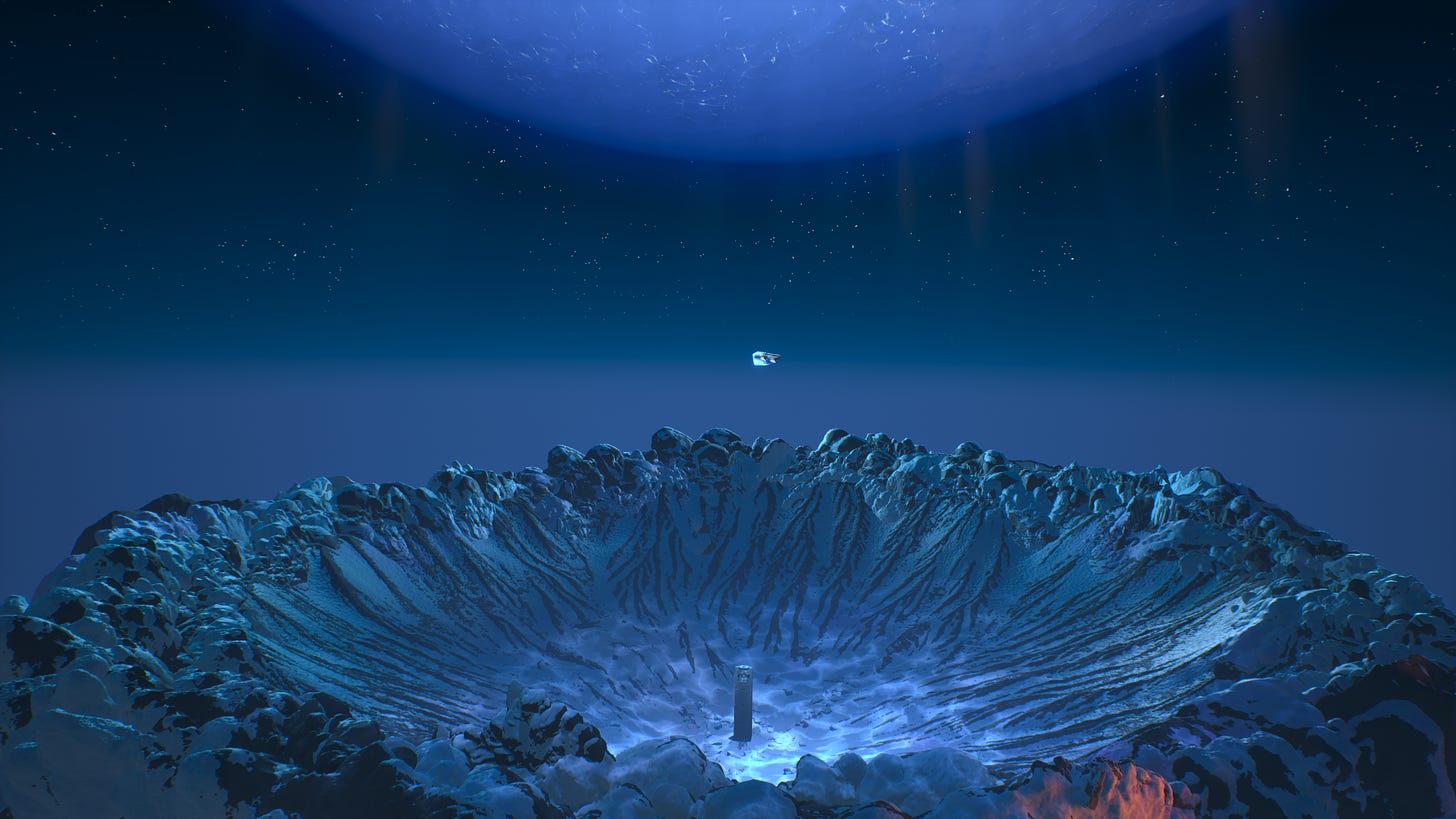 An enormous blue sphere hangs over a caldera, in the centre of which is a dark tower