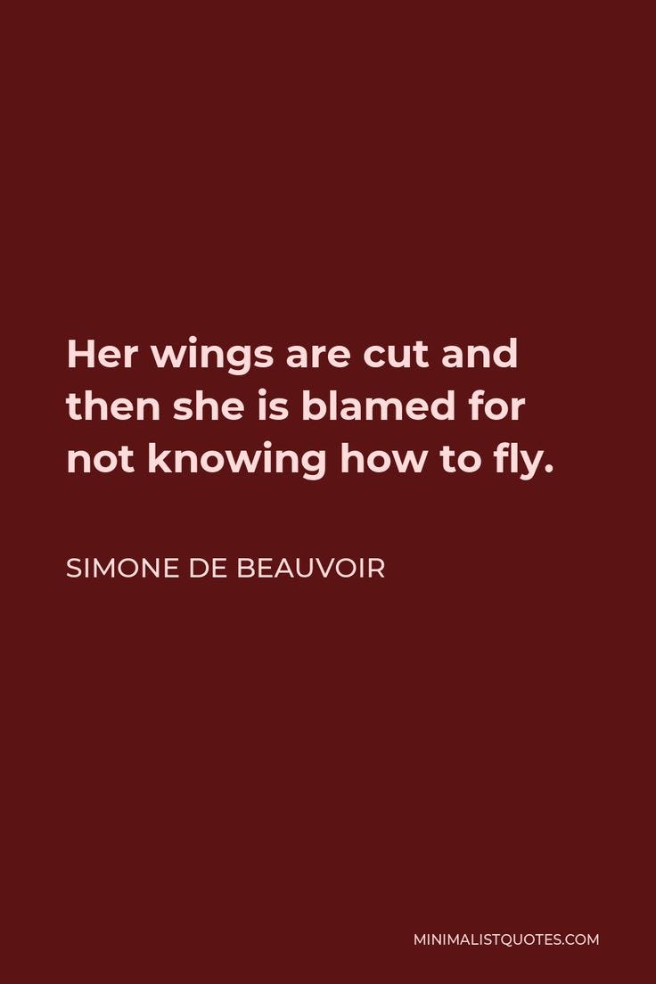 This may contain: a red background with the words, her wings are cut and then she is banned for not