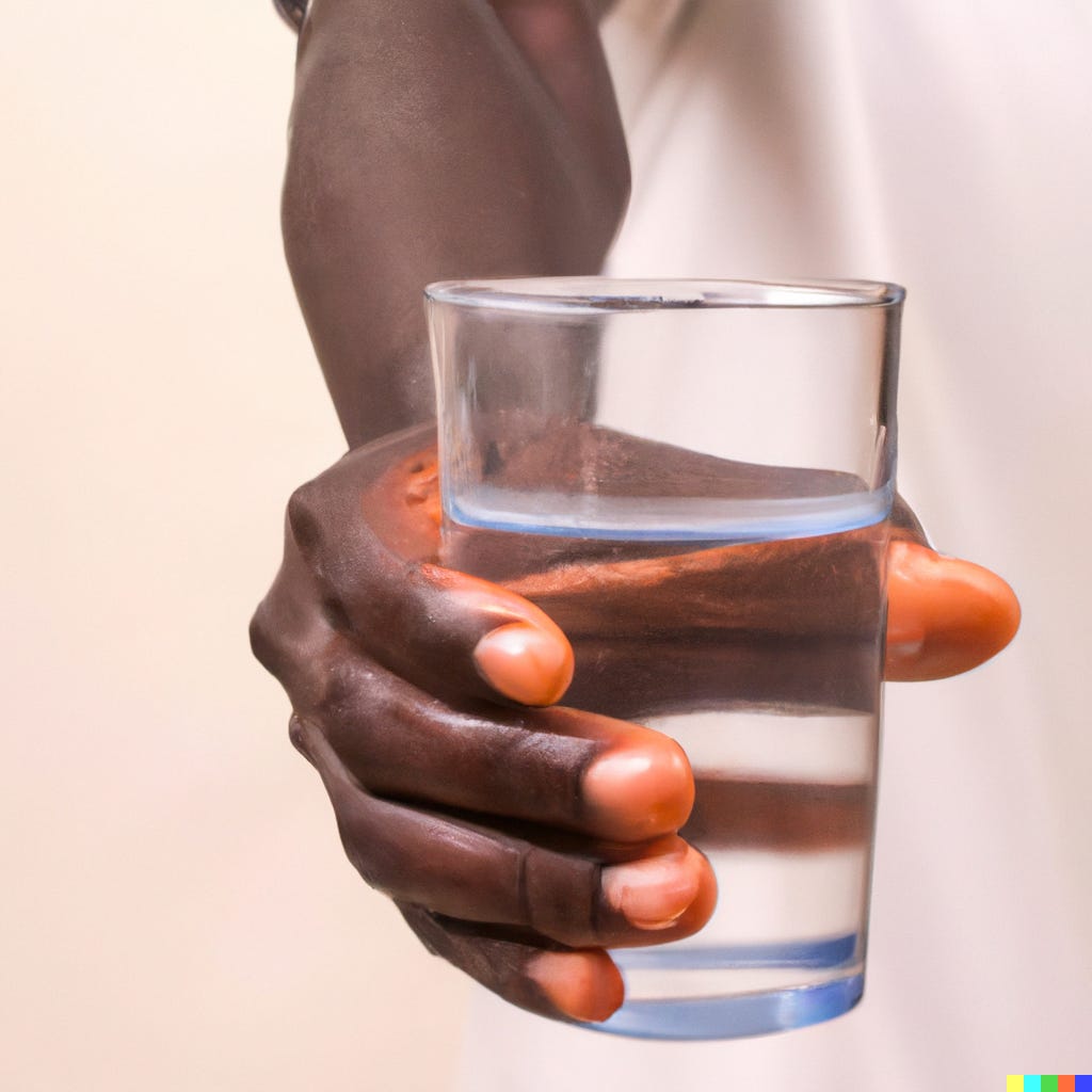 AI-generated image of an African person offering the viewer a glass of water. By OpenAI Dall-E.