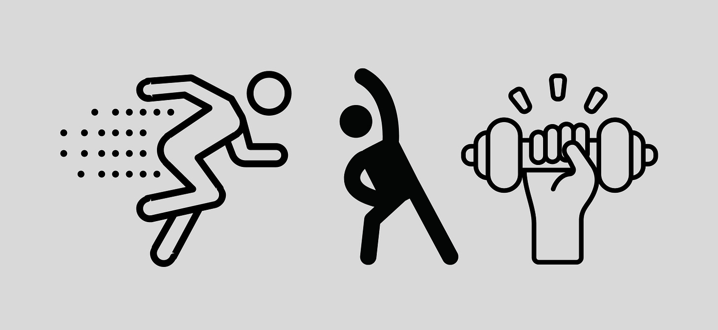 Graphics of people running, stretching, and lifting weights.