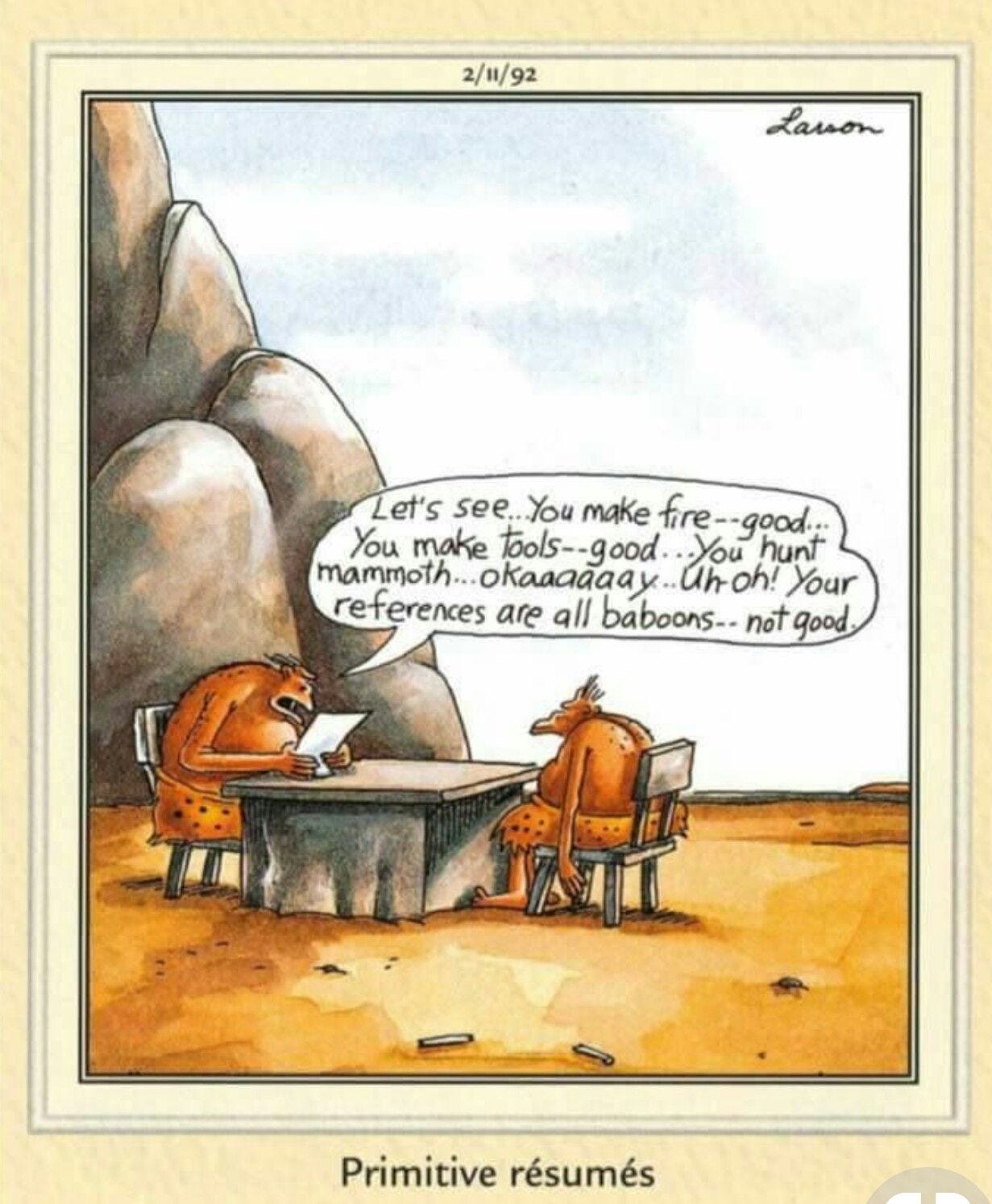 Neanderthal job interview. | Far side cartoons, Far side comics, The far  side