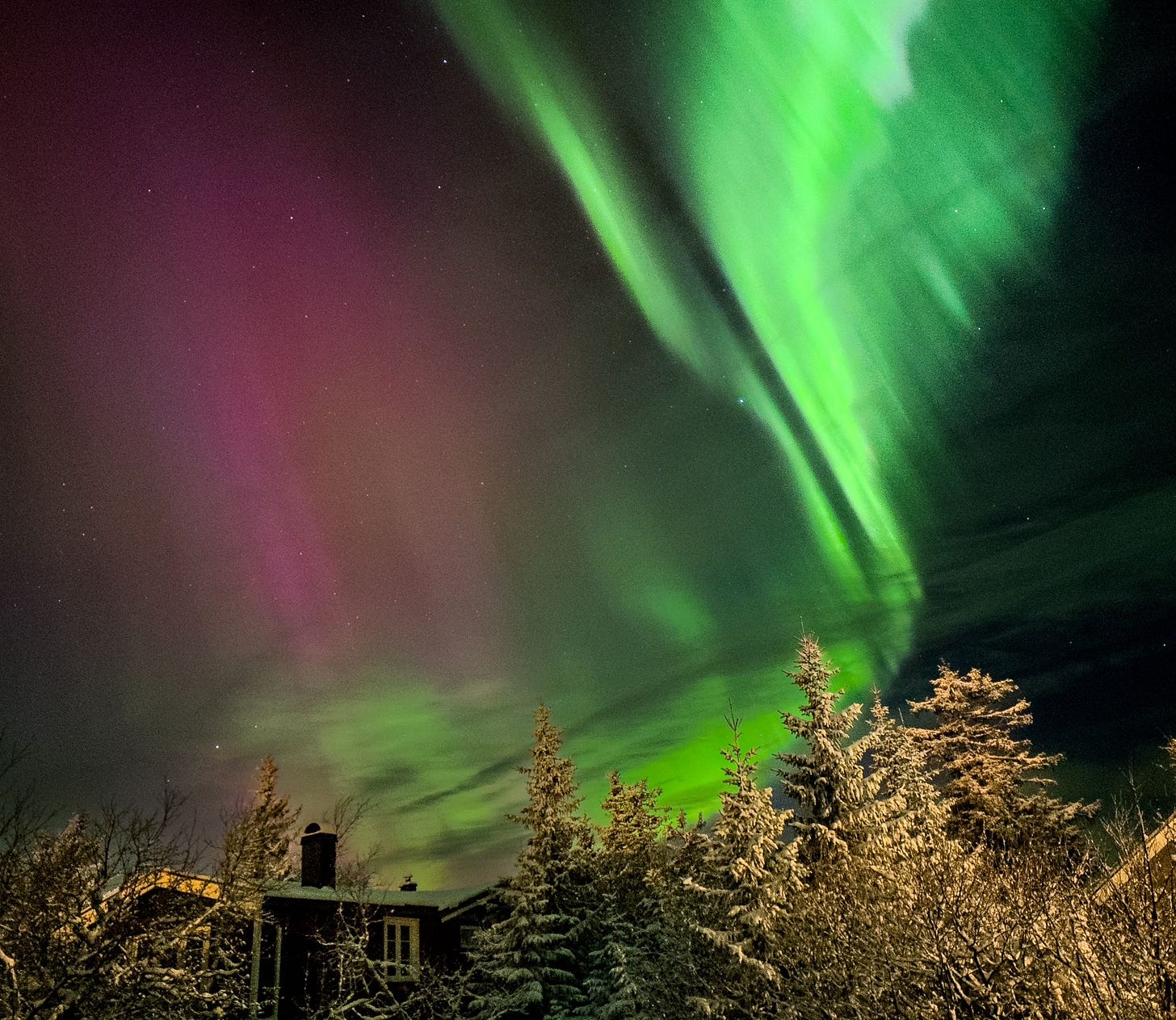 Aurora boreal em tons de verde e rosa dança no céu noturno sobre uma casa e árvores nevadas.