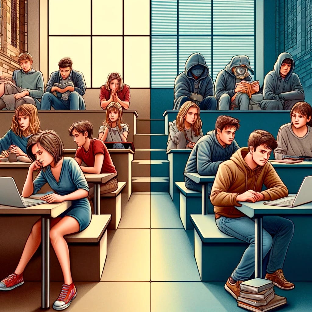 An illustration depicting the contrasting experiences and perspectives of young men and women in modern society, as discussed in recent polling data. The image shows two groups of young adults in a university setting. On one side, young women are engaged in a lively discussion in a seminar room, books and laptops open, symbolizing their academic success. On the other side, young men appear disillusioned and isolated in a less vibrant part of the campus, reflecting their challenges in education and social standing. The scene captures the gender dynamics and the evolving liberal-conservative divide among the youth.