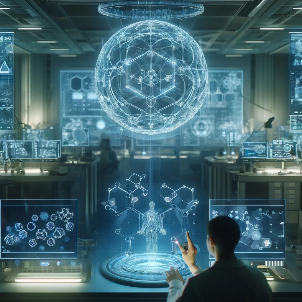 A futuristic digital illustration of a scientist in a modern laboratory using a holographic interface to simulate molecular structures. The lab is equipped with advanced technology, glowing screens, and is bathed in blue and green lights, highlighting the cutting-edge scientific environment.