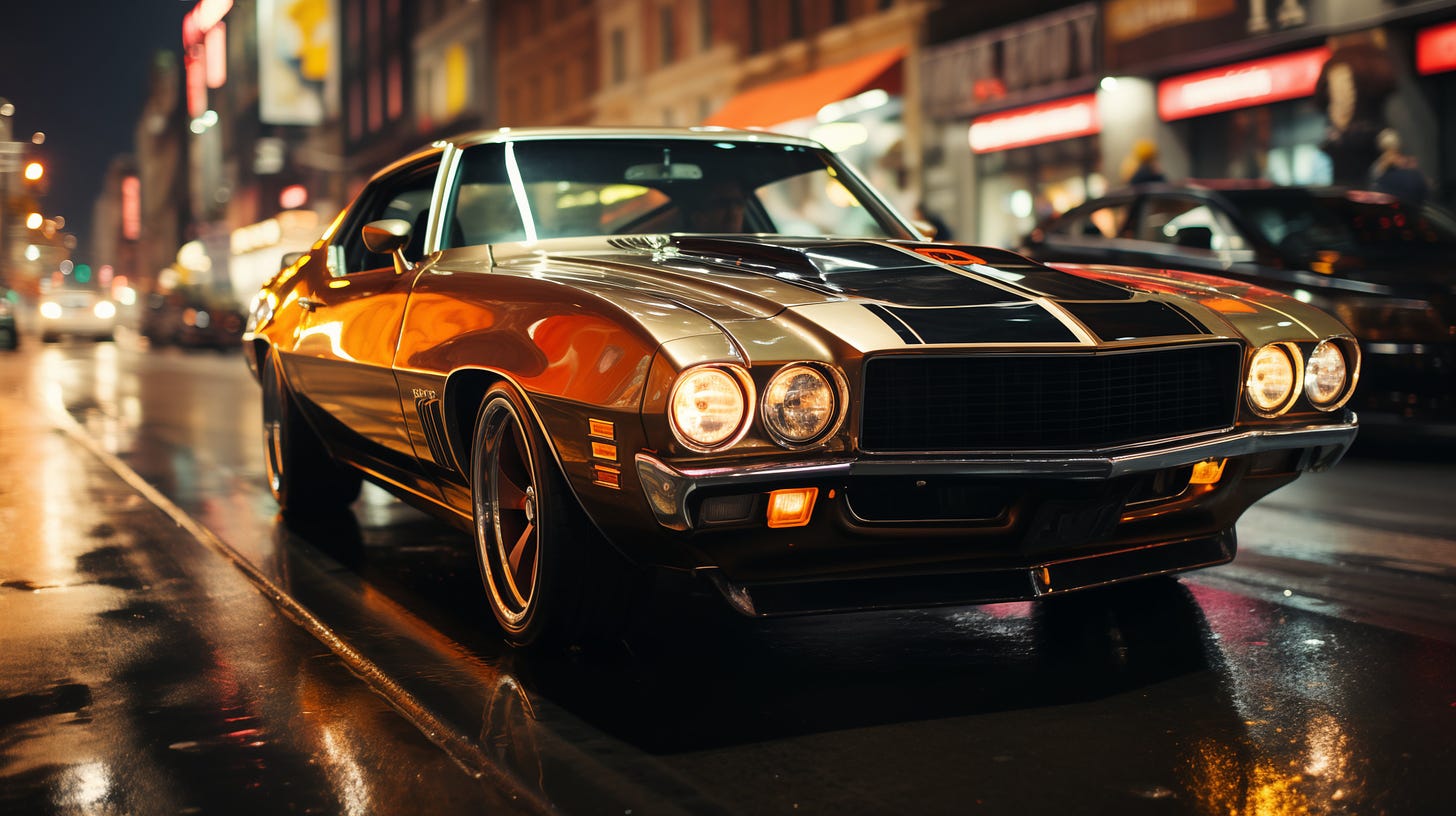 excessive fine detail in a photograph of extreme clarity, exquisite finely detailed magazine quality photo portrait of a speeding 1970's cool car with driver. speeding through a 1970's new york street at night. cinematic lighting and reflections,speed, detailed textures , surfaces, water, paintwork,sirens,street, road,shops,gravel,blur --s 800 --style raw --ar 16:9