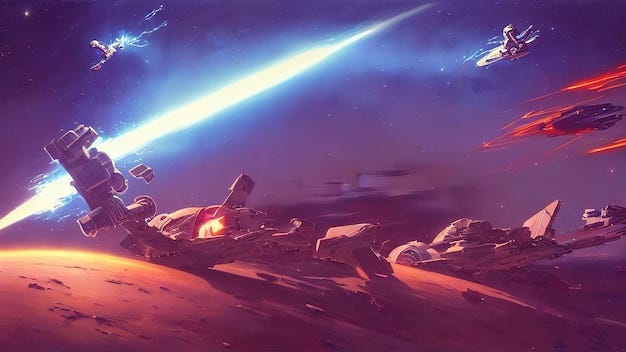 Premium Photo | Space battle spaceships are fighting shooting from laser  guns explosions and sparks Destroyed the spaceship 3d illustration