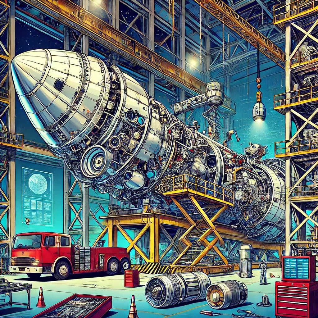 A partially assembled rocket in a futuristic space hangar. The scene is vibrant and detailed, drawn in pop-art style. The rocket is sleek, metallic, and surrounded by scaffolding and mechanical cranes, with workers' tools and components scattered around. Bright lighting highlights the unfinished sections of the rocket, exposing internal mechanisms. The background shows high-tech equipment and faint graphics of space exploration data. The color palette is bold and dynamic, with shades of red, blue, and silver. Format: 16:9, professional design, no people.