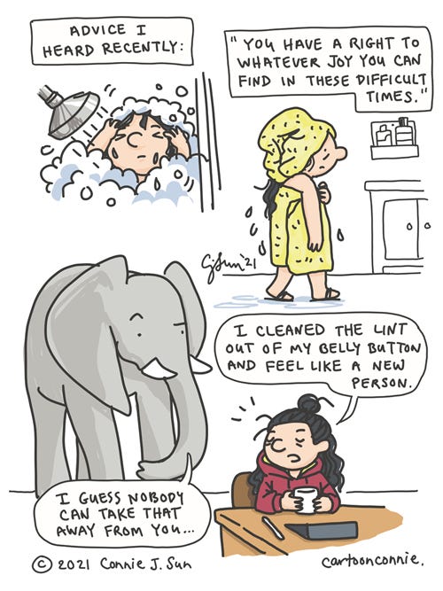 The Joy Of Lint Cartoon illustration about finding joy wherever ever we can, journal comic, writers, quotes, sketchbook drawing by Connie Sun, cartoonconnie