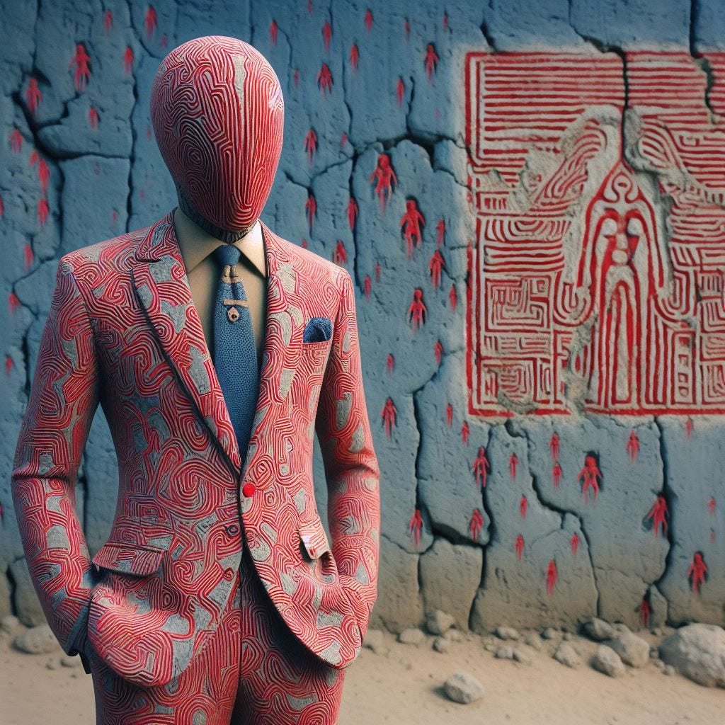 hyper realistic ;tiltshift; man in a suit covered in buitre patter red on cobalt blue suit with a cream tie with a mono pattern embroidered on it. painting by alexander ross on wall in background. Wall made of concrete with alien symbology carved into it. Cracks in wall with tiny flowers growing through.Architecture africaine.Hausa people architecture in Northern Nigeria,Tubali 