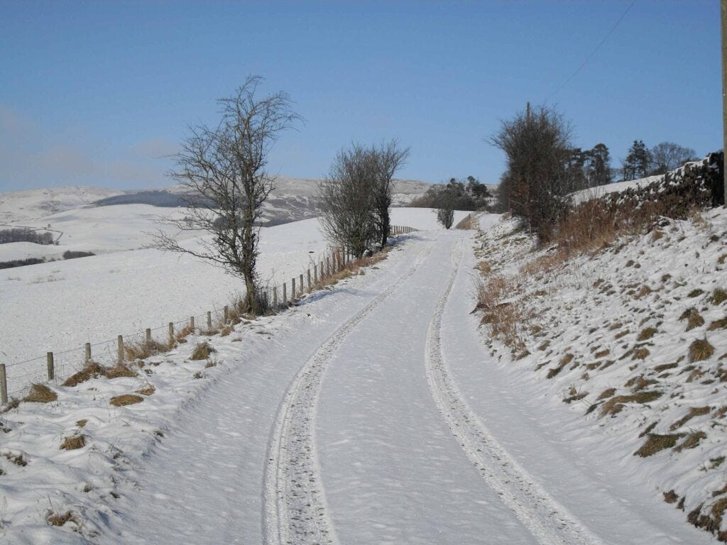 Snowy lane to our cottage in Scotland