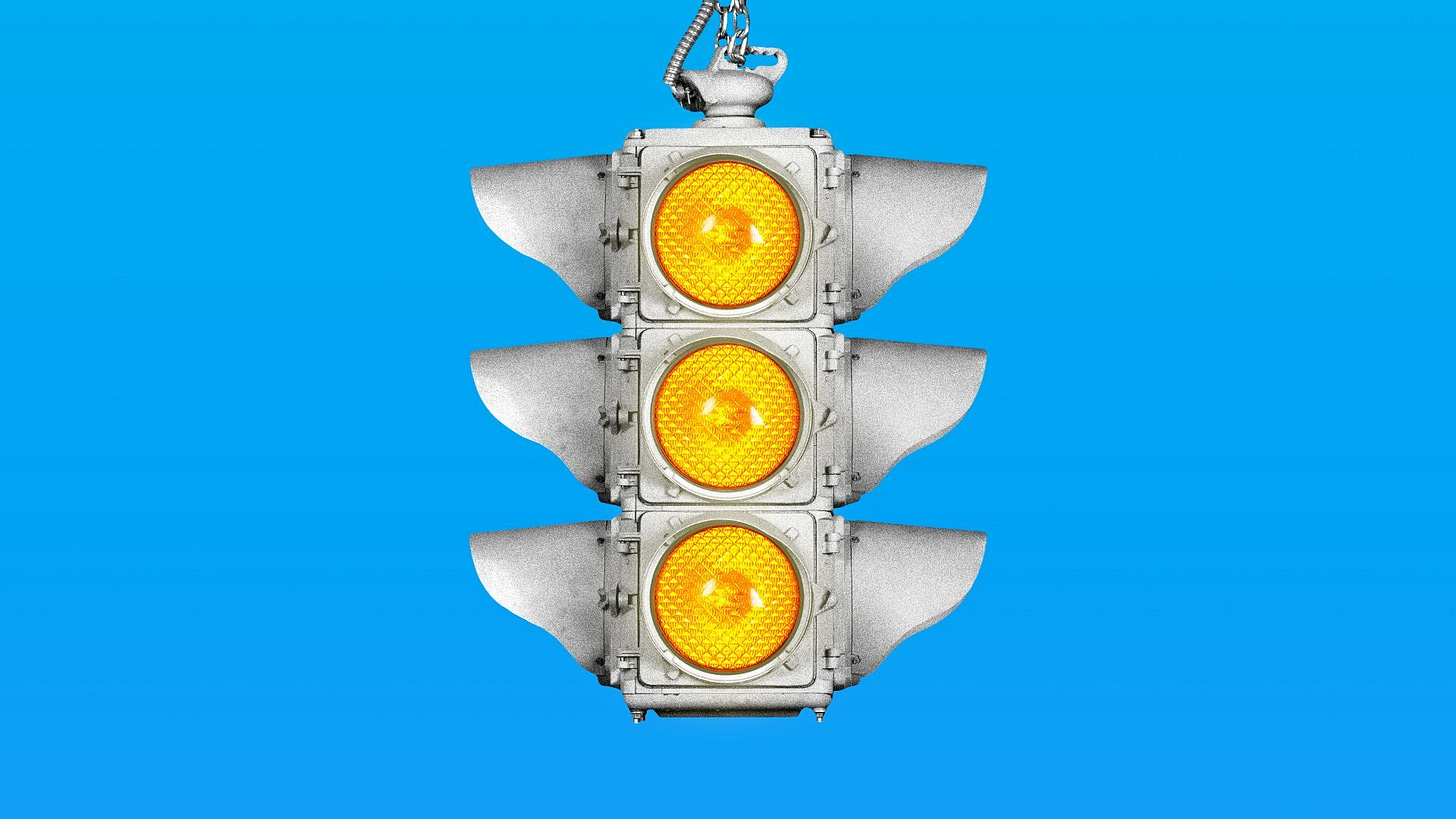 Illustration of a traffic light with all yellow lights.