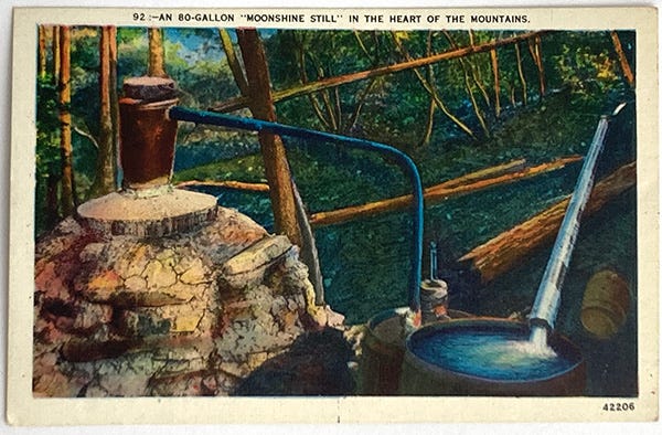 postcard of moonshine still in the mountains