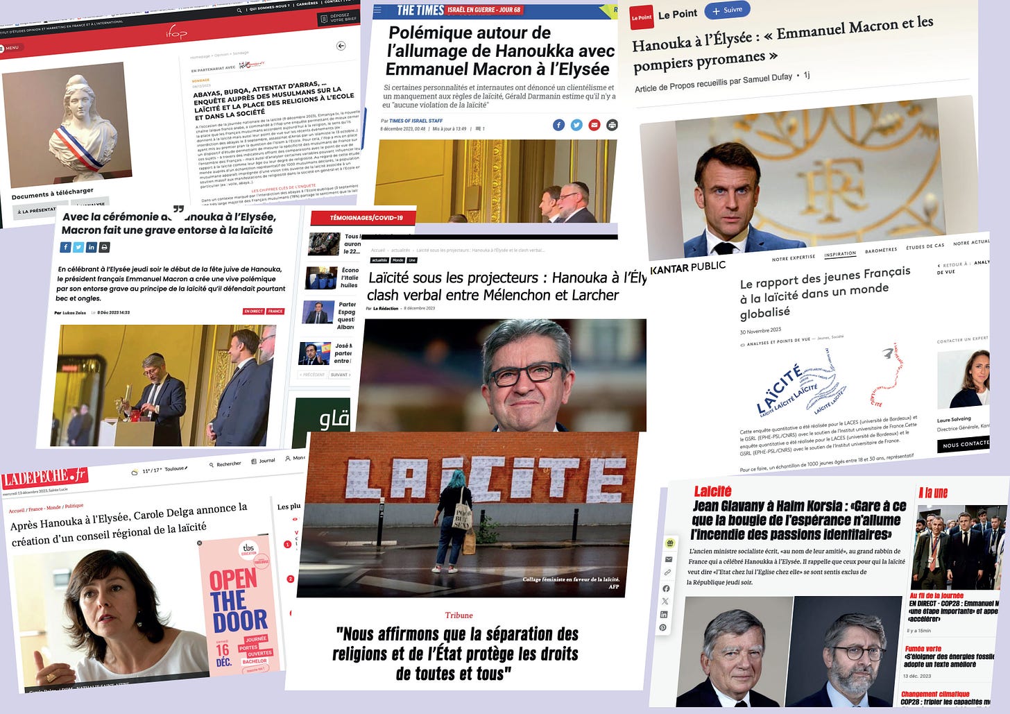 Couvertures de presse, sites internet divers, 2023, à propos de l’affaire de Hanouka à l’Elysee (France)