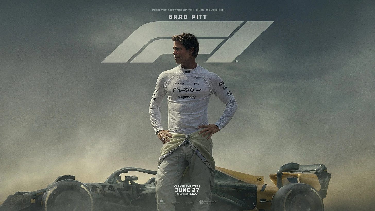 Puede ser una imagen de 1 persona, corriendo una carrera de vehículos, calesa, casco, póster y texto que dice ". FROM THEDIRECTOR TOP TOPBИM บน: MAVERICK BRAD W BRADPITT PITT ONLYIN INT THEATERS THEAT JUNE H.6PPK MX"