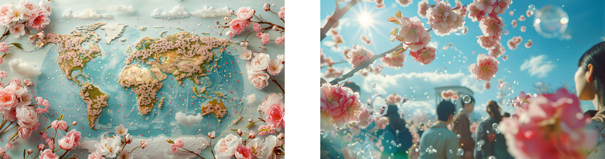 On the left, a stylized world map with continents depicted in relief is surrounded by cherry blossoms and petals on a backdrop of a serene blue sky with fluffy white clouds. The map appears to be floating on a calm body of water, with the continents adorned with pink cherry blossoms, suggesting a harmonious global spring.  On the right, an up-close perspective of a cherry blossom festival is shown from the viewpoint of a person looking up towards the sky. The foreground features the back of a person's head, possibly a young woman with dark hair, gazing upwards. Above her, cherry blossom petals float in the air, backlit by a bright, sunlit sky, creating a festive and lively atmosphere.