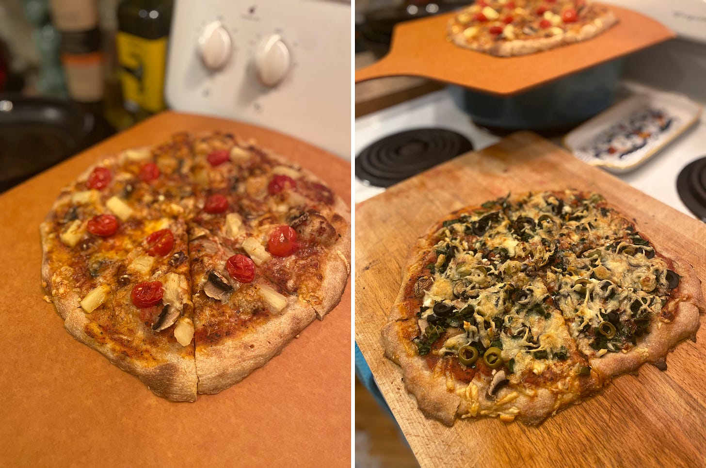 Two pictures side by side, of pizzas on wooden boards. Descriptions of their toppings in caption.