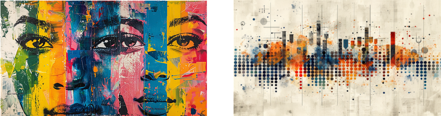 On the left, a vibrant, multi-colored abstract portrait of a face composed of various hues and textures. On the right, an abstract representation of a city skyline using geometric shapes, dots, and a mix of blue, orange, and black colors.