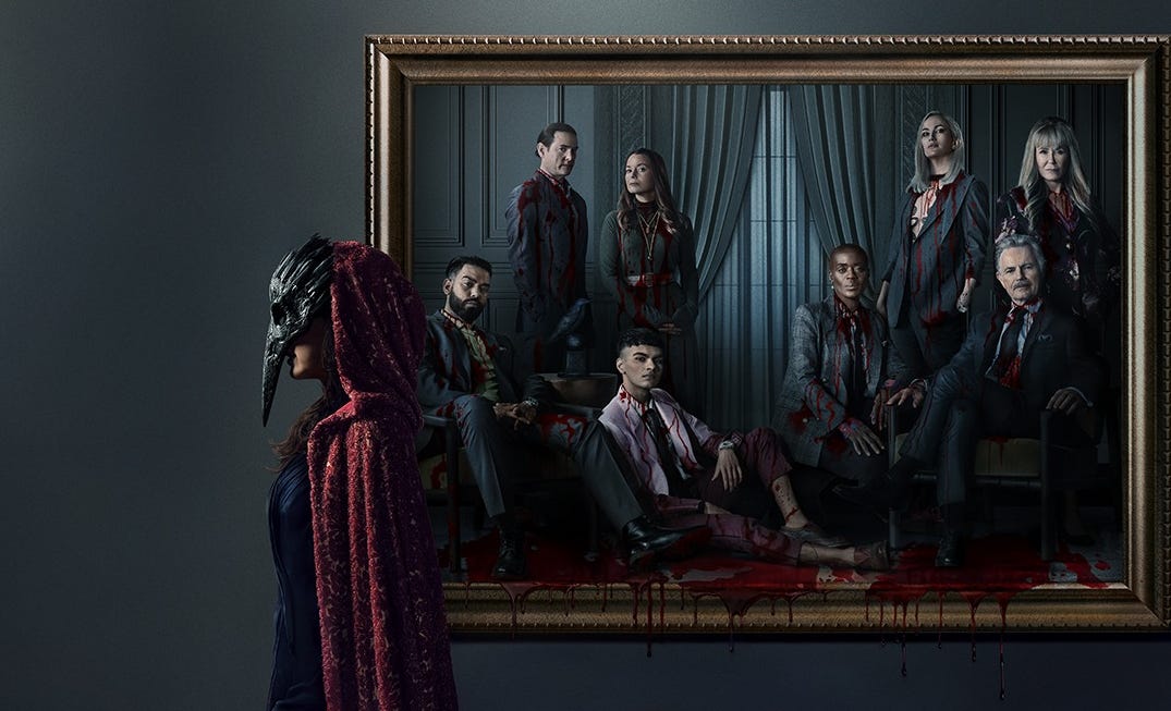 A promotional image from The Fall of the House of Usher that shows the woman in the raven mask standing in front of a portrait of The Ushers that's splashed with dripping blood