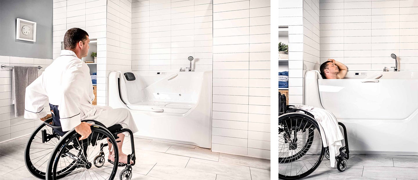 Left photo: A man in a manual wheelchair wearing a white bathrobe and rolling towards an accessible bathtub. The tub is raised off the floor and has one side of the tub pulled down. Right photo: Same man relaxing in the tub with the side pulled up.