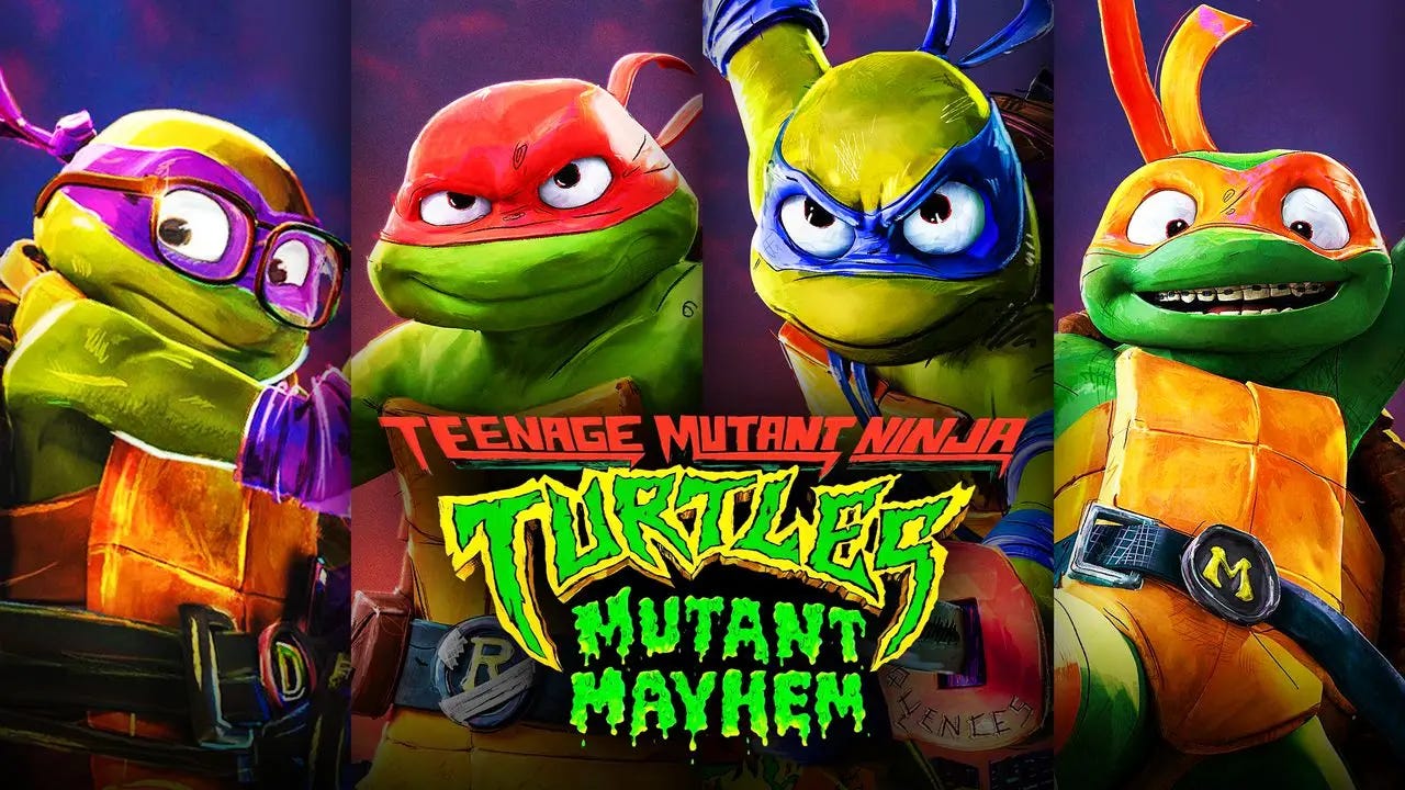 "TMNT: Mutant Mayhem" colorful 4-panel movie banner.