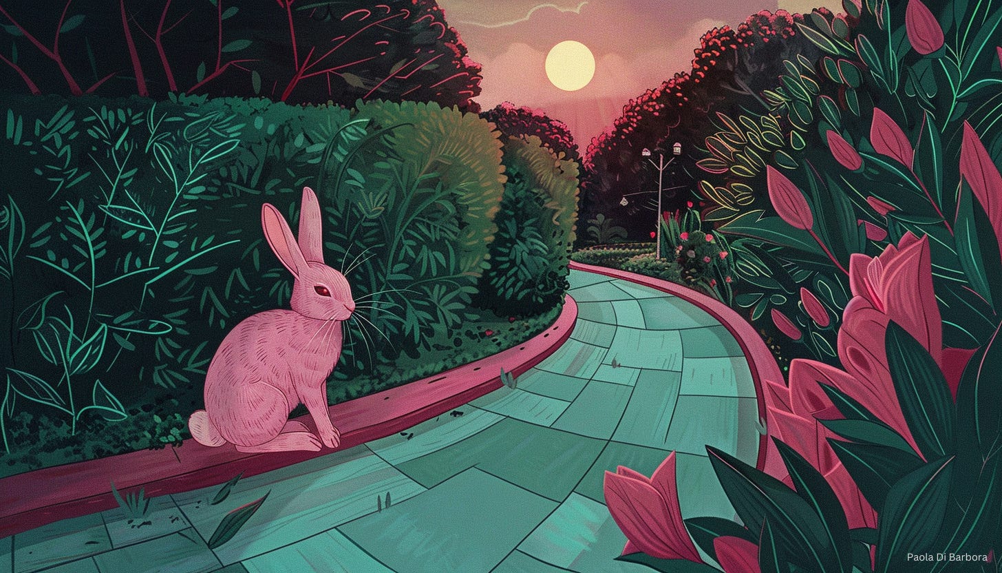 Stoic pink rabbit keeping watch for a safe return. Night time pathway bordered with hedges and pink flowers.