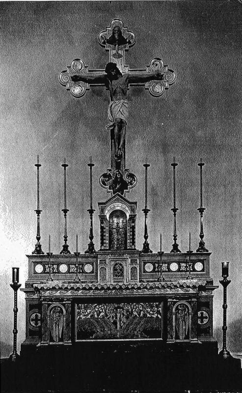 Postcard of the altar, tabernacle, candlesticks, and crucifix at Holy Cross Church around 1907, from the San José Diocesan Archives