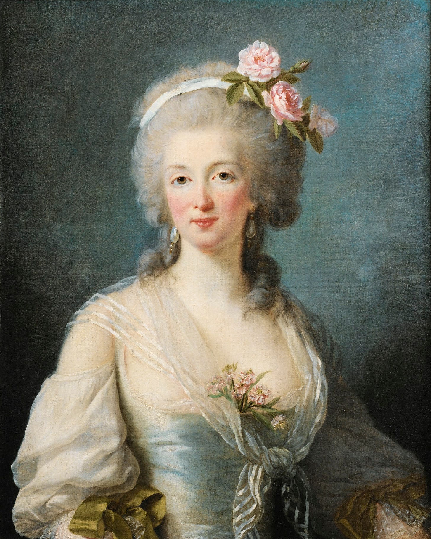 A painting of Comtesse de La Motte, a white woman with flowers in her hair.