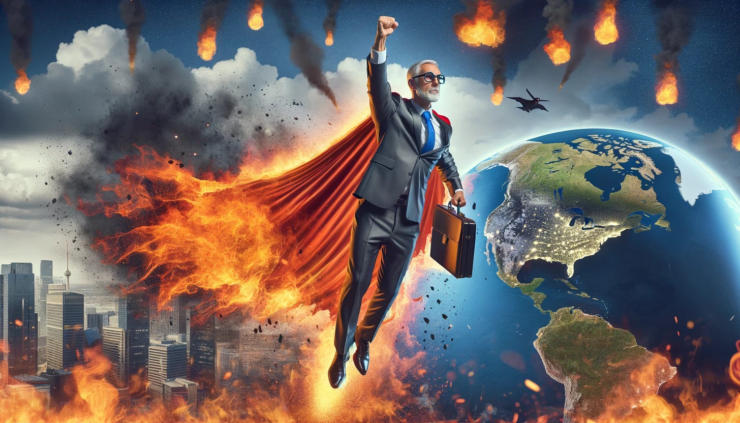 A digital art piece showing a middle-aged insurance salesman transforming into a superhero. The salesman is wearing a suit and carrying a briefcase, but as he transforms, his suit morphs into a superhero costume with a bright cape. He is raising his fist in a heroic gesture, flying around a world that is depicted as burning, symbolizing chaos or disaster. The transformation is dynamic, capturing the moment of change from an ordinary person to a powerful superhero. The background shows different continents with visible flames and smoke, indicating a global crisis.