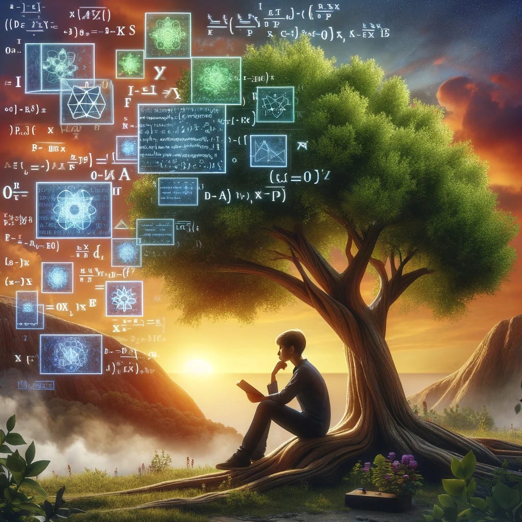 Under a vibrant tree, a young person sits immersed in thought, surrounded by floating digital screens filled with formulas, code snippets, and reasoning puzzles. The lush tree symbolizes the growth of knowledge, while the setting sun adds a warm glow to the scene of serene learning and discovery, embodying the journey of curiosity in AI and reasoning.