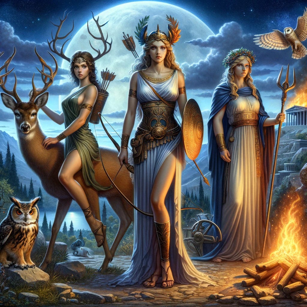 Create a hyper-realistic and detailed illustration that captures all three virgin archetypes from Greek mythology, clearly depicting their unique symbols, animals, and emblems in one cohesive scene. Set against a backdrop of a moonlit, ancient Greek landscape, show Artemis with her characteristic bow and arrows, standing confidently next to a wild deer, underlining her connection to nature and her role as the guardian of animals and the wild. Athena should be presented in her warrior aspect, armored and with an owl perched near her, symbolizing her wisdom and strategic prowess in warfare. Nearby, Hestia is illustrated tending to a warm, welcoming fire, embodying the warmth, safety, and sanctity of the hearth and home. Each goddess's distinctive attributes and symbols should be prominently featured, ensuring their individual powers and domains are highlighted in a vivid, realistic portrayal, making it unmistakable that all three virgin archetypes are represented.