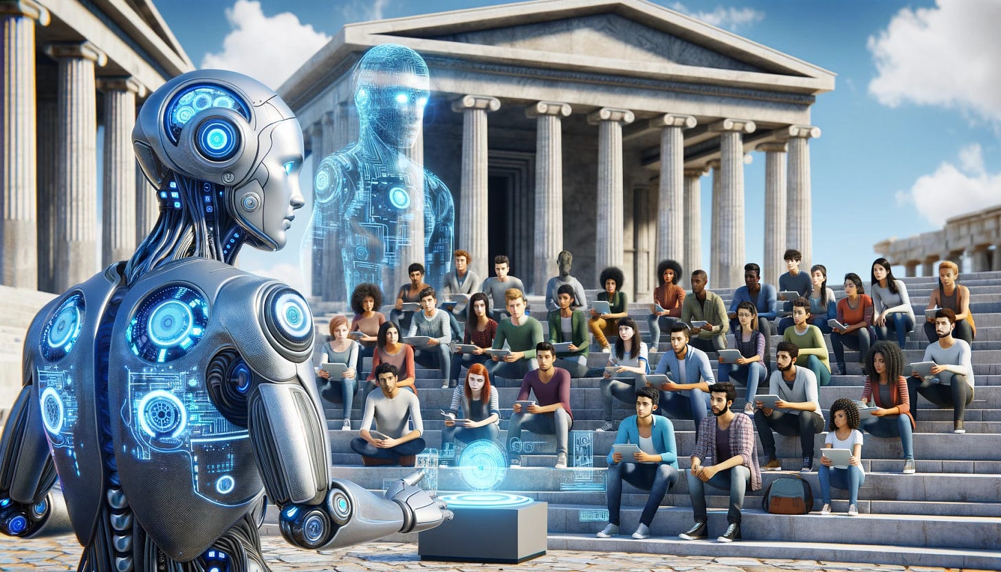 A futuristic cybernetic professor teaching a group of diverse students in a setting reminiscent of an ancient Greek forum. The professor is a sleek silver android with glowing blue eyes and intricate circuit patterns visible on its surface. Students of various descents, including Caucasian, Hispanic, Black, Middle-Eastern, and South Asian, are seated on stone benches, engaged in the lesson. The background features classic Greek architecture, with marble columns and steps, under a clear blue sky. Some students are using tablets with holographic displays while others are listening intently, creating a blend of ancient and modern educational atmospheres.