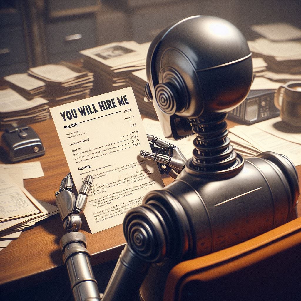 A robot, viewed close up from behind, sitting at a desk cluttered with papers, semi-realistic, 1950s style. The robot is reading a resume which says "YOU WILL HIRE ME" in very very large text.