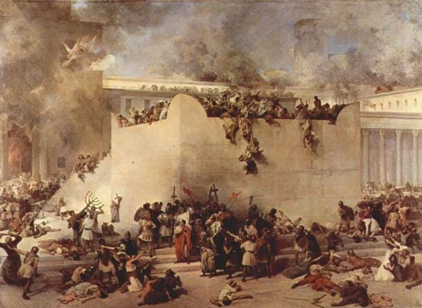 The destruction of the Temple of Jerusalem by Hayez. In the year 70 AD, the Second Temple in Jerusalem was destroyed by the Roman army during the First Jewish-Roman War The destruction of the Temple of Jerusalem by Hayez. In the year 70 AD, the Second Temple in Jerusalem was destroyed by the Roman army during the First Jewish-Roman War