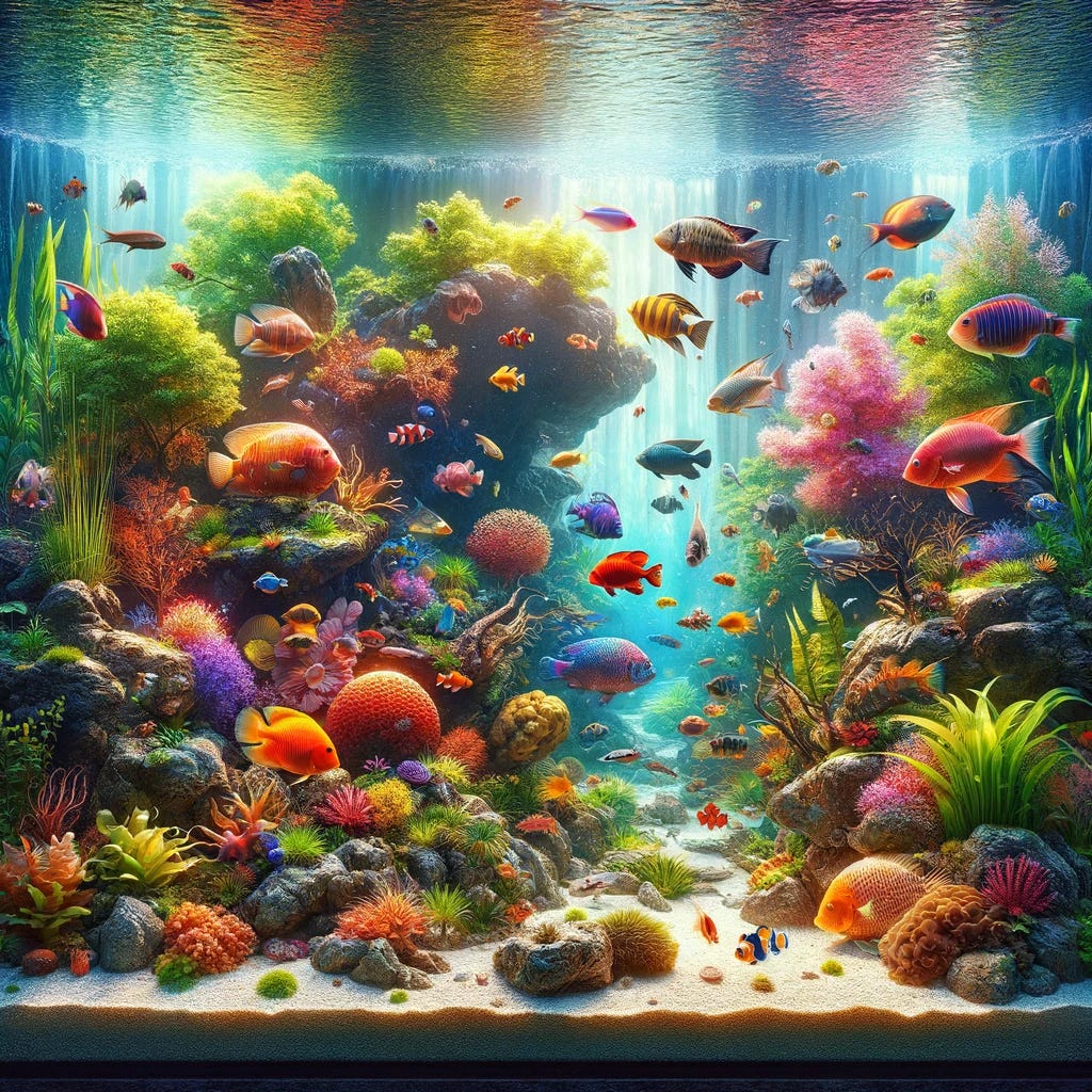 A vibrant and detailed scene of a colorful aquarium filled with a variety of tropical fish, lush aquatic plants, decorative rocks, and coral formations. The water is crystal clear, and light filters through from above, casting a serene glow on the underwater ecosystem. The fish exhibit an array of bright colors and patterns, swimming gracefully among the greenery and hiding spots provided by the rocks and corals.