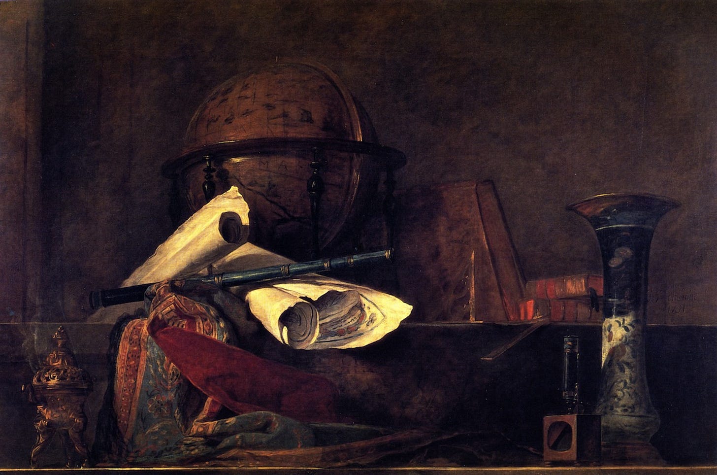 Jean Baptiste Simeon Chardin Still life with attributes of science, 1731,  220×141 cm: Descrizione dell'opera | Arthive