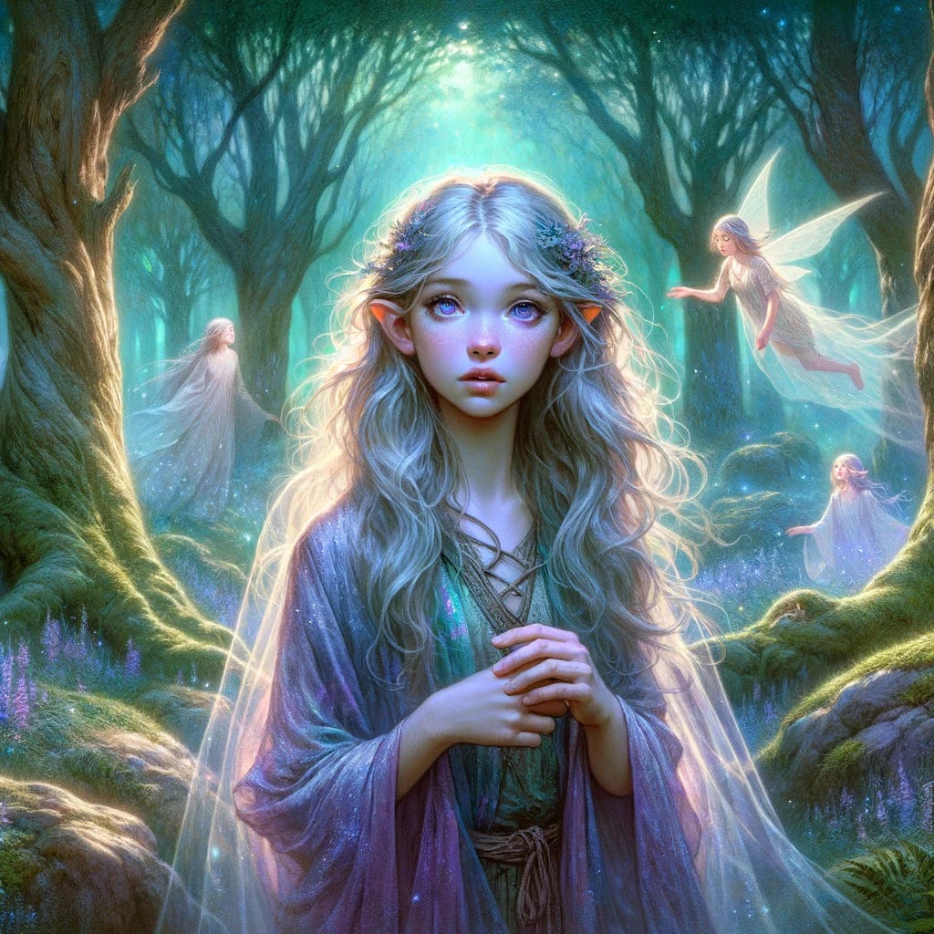 In an enchanting forest setting, imagine a young Elara as described in the sketch artist instructions, set within the magical Weeping Woods. Elara, a half-fey child, should have delicate features, with a soft, almost mournful expression. Her hair should shimmer like moonlight on water, cascading in gentle waves. Her eyes, deep violet, should reflect a world of dreams and ideals. She is wearing robes that shift in hues like the twilight sky. The scene captures Elara in a moment of youthful wonder and idealistic naivety, surrounded by mystical creatures of the forest. The background is rich with ancient trees, whispering secrets, and a magical ambiance that speaks of her early encounters and lessons. This image should convey the innocence and charm of young Elara, while also hinting at her emerging sense of self-importance and destiny, as described in her formative fables.