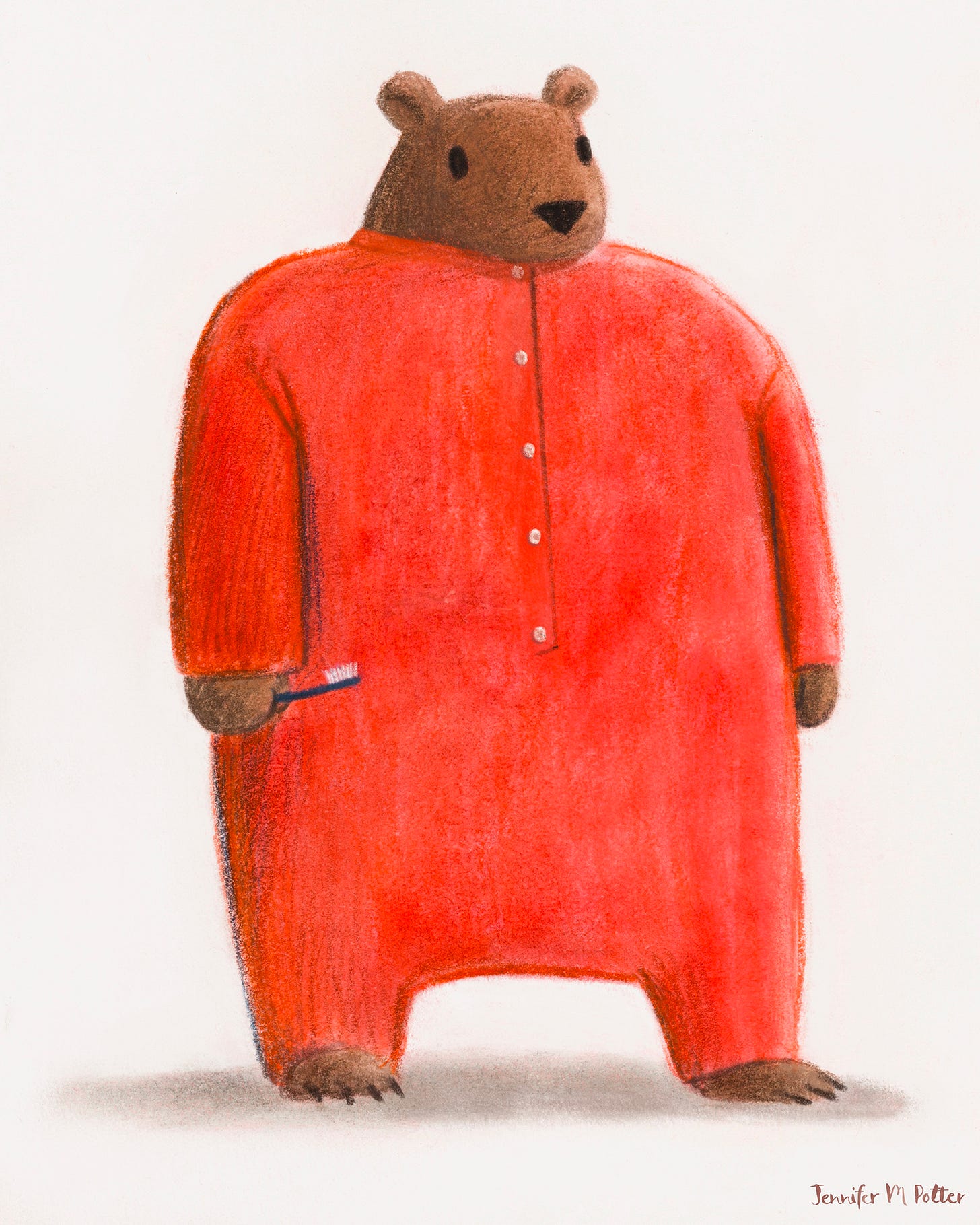 Illustration by Jennifer M Potter of a bear in pajamas getting ready to brush his teeth